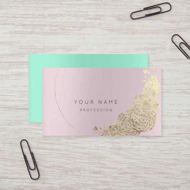 Mint Green Gold Flower Botanical Amethst Pink Mauv Business Card (Front/Back In Situ)