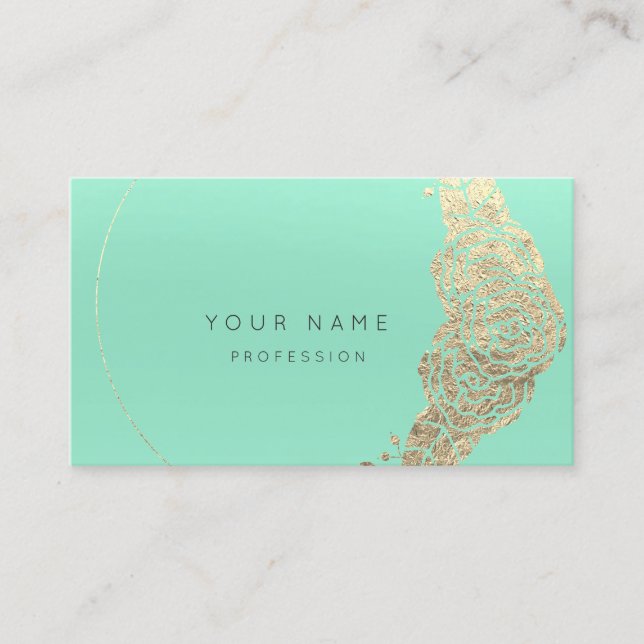 Mint Green Gold Flower Botanical Metallic MInimal1 Business Card (Front)