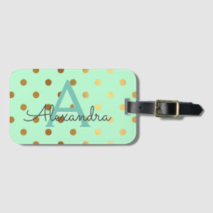 Mint Green & Gold Foil Polka Dots Monogram Luggage Tag