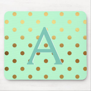 Mint Green & Gold Foil Polka Dots Monogram Name Mouse Pad