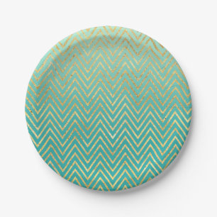 Mint Green Gold Glam Chevron Ombre Paper Plates