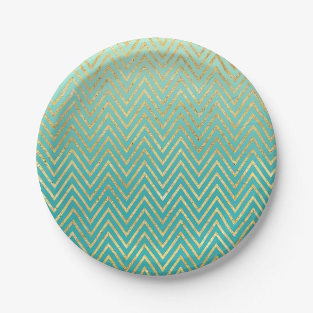 Mint Green Gold Glam Chevron Ombre Paper Plates (Front)
