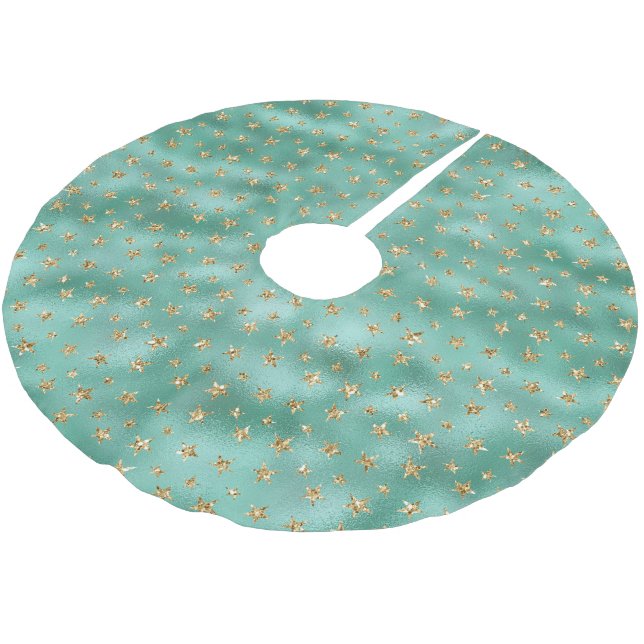Mint Green Gold Glam Glitter Stars Brushed Polyester Tree Skirt (Angled)