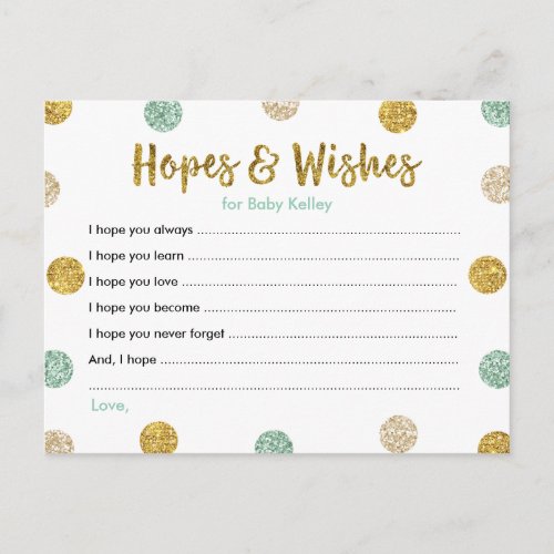 Mint Green  Gold Glitter Baby Hopes  Wishes Card