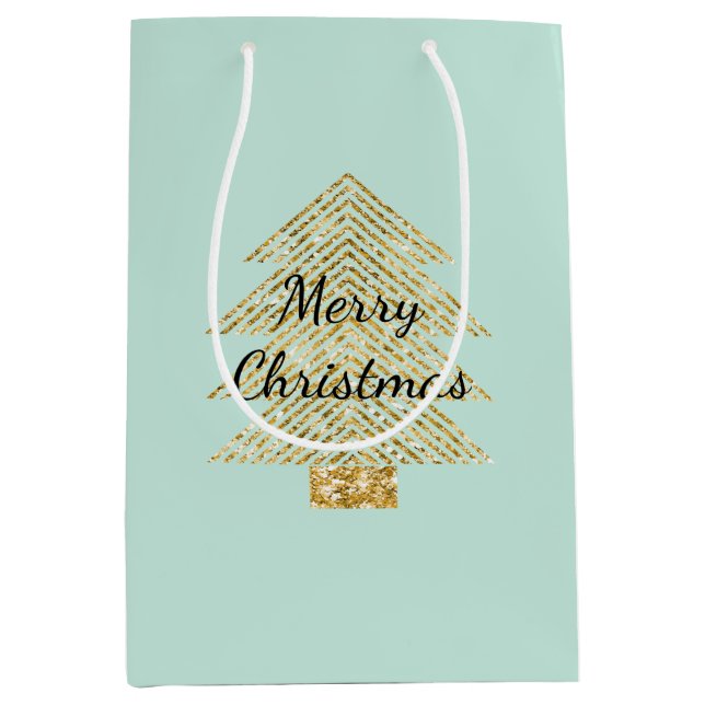 Mint Green Gold Glitter Christmas Trees Medium Gift Bag (Front)
