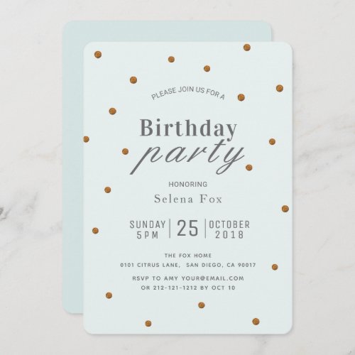 Mint Green  Gold Glitter Dots Birthday Invitation