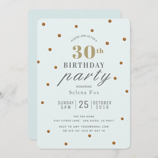 Mint Green & Gold Glitter Dots Birthday Invitation (Front/Back)