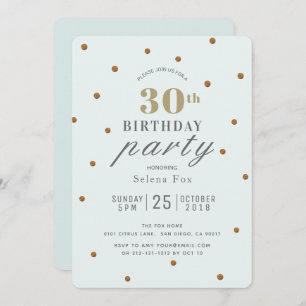 Mint Green & Gold Glitter Dots Birthday Invitation