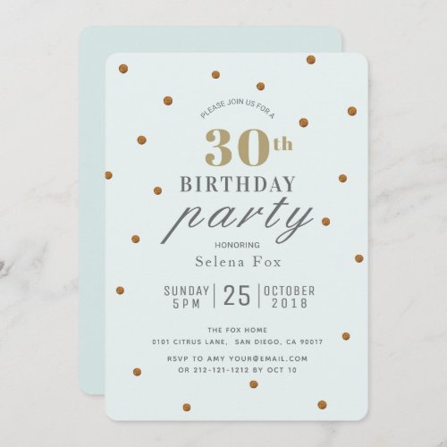 Mint Green  Gold Glitter Dots Birthday Invitation