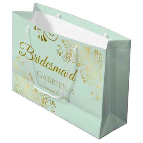 Mint Green  Gold Lace Elegant Bridesmaid Large Gift Bag