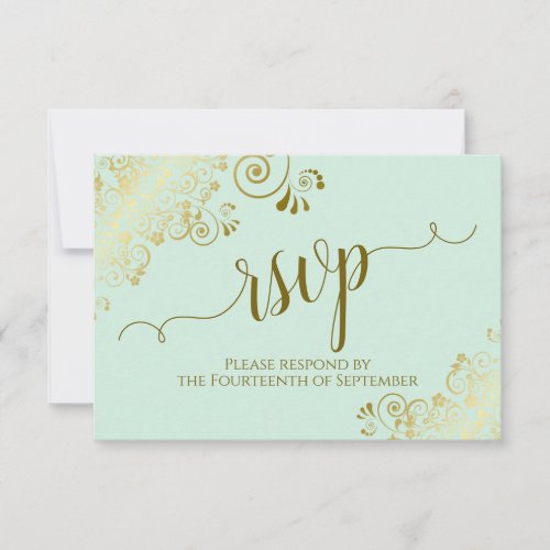 Mint Green  Gold Lace Elegant Calligraphy Wedding RSVP Card