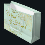 Mint Green & Gold Lace Maid of Honor Chic Wedding Large Gift Bag<br><div class="desc">This beautiful gift bag is designed as a wedding gift or favor bag for the Maid of Honor. It features a beautiful mint green background with golden faux foil lace curls and swirls in the corners. The gold script lettering reads "Maid of Honor" with a place to enter her name,...</div>