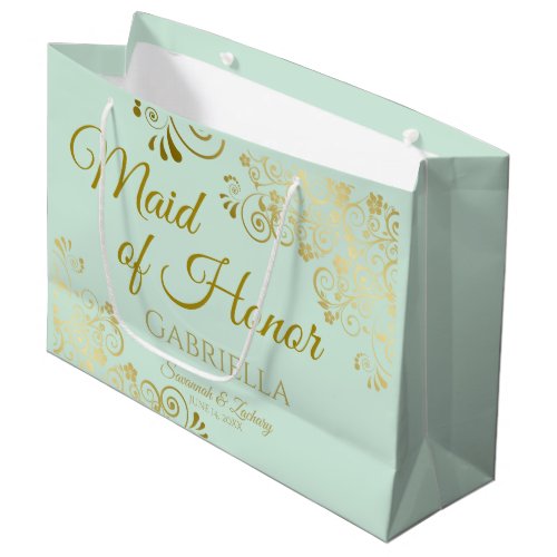 Mint Green  Gold Lace Maid of Honor Chic Wedding Large Gift Bag