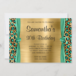 Mint Green Gold Leopard Foil Heart 30th Birthday Invitation