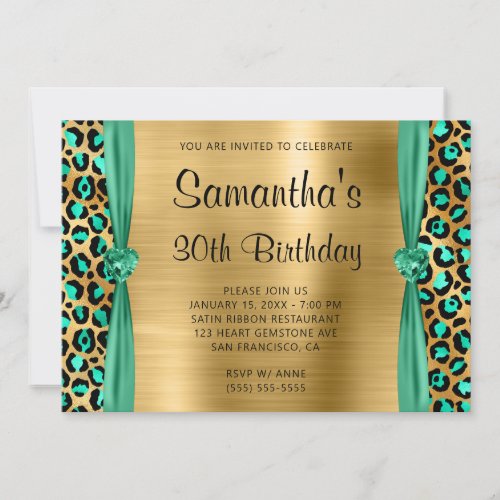 Mint Green Gold Leopard Foil Heart 30th Birthday Invitation