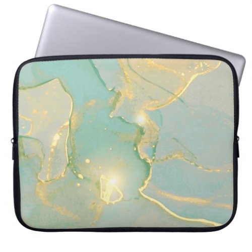 Mint Green Gold Marble Textured Laptop Sleeve