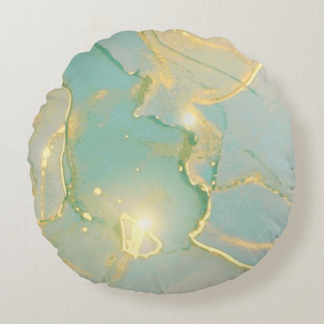 Mint Green Gold Marble: Textured Round Pillow (Front)