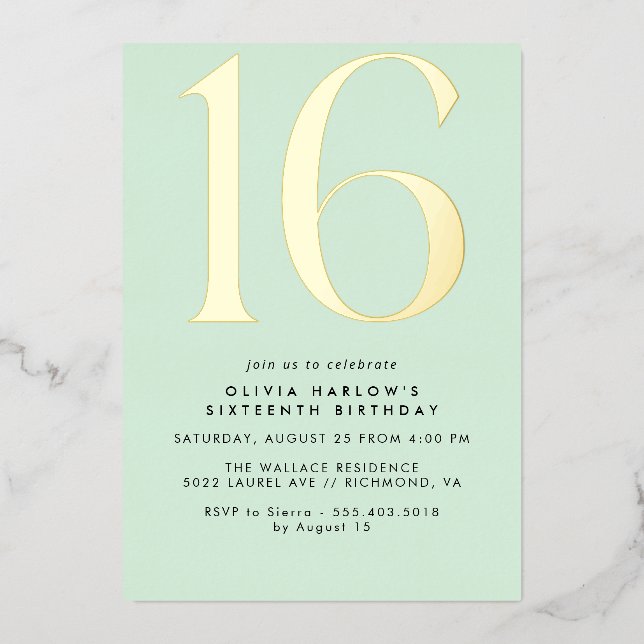 Mint Green & Gold | Modern Cute Pastel Sweet 16  Foil Invitation (Front)