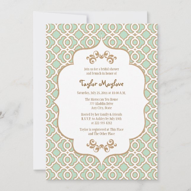 Mint Green Gold Moroccan Bridal Shower Invites (Front)