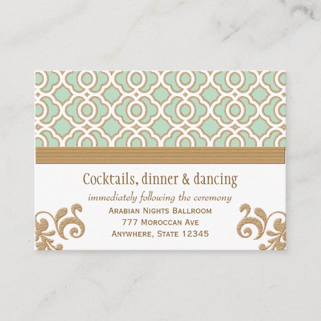 Mint Green Gold Moroccan Reception Enclosure Cards (Front)