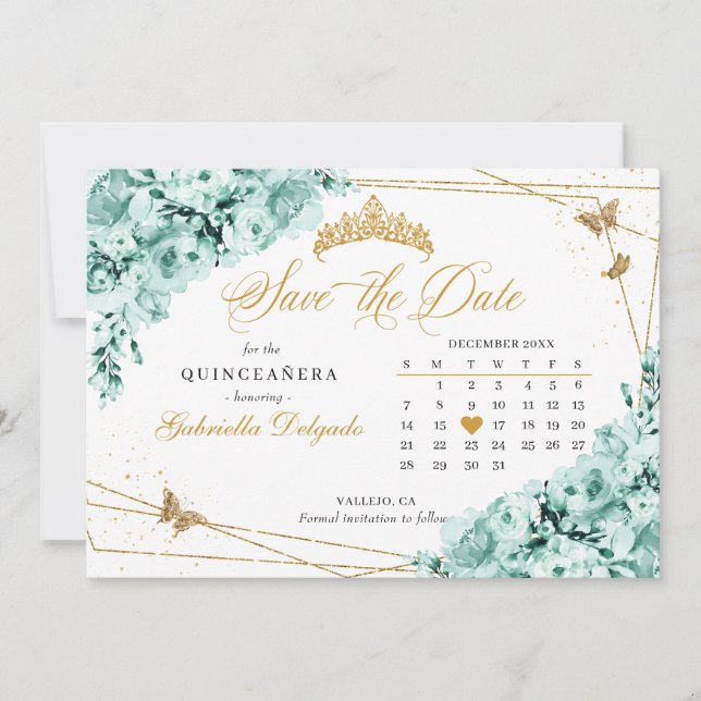 Mint Green & Gold Quinceañera Save The Date Invitation (Front)