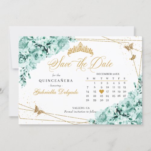 Mint Green  Gold Quinceaera Save The Date Invitation