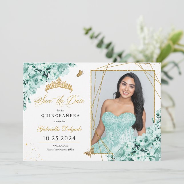 Mint Green & Gold Quinceañera Save The Date Photo Invitation (Standing Front)