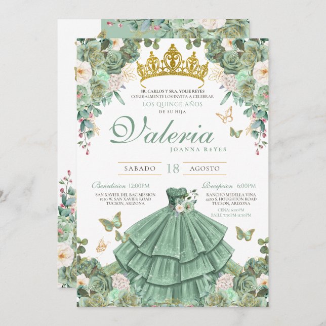 Mint Green Gold Rose Elegant Princess Quinceanera Invitation (Front/Back)