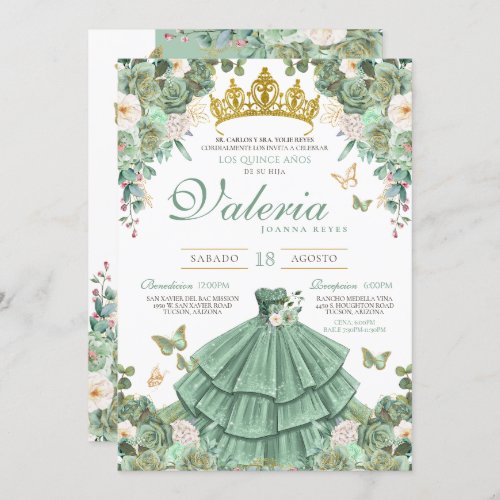 Mint Green Gold Rose Elegant Princess Quinceanera Invitation
