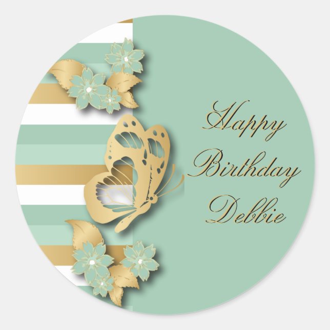 Mint Green & Gold Stripes with Butterfly & Flowers Classic Round Sticker (Front)