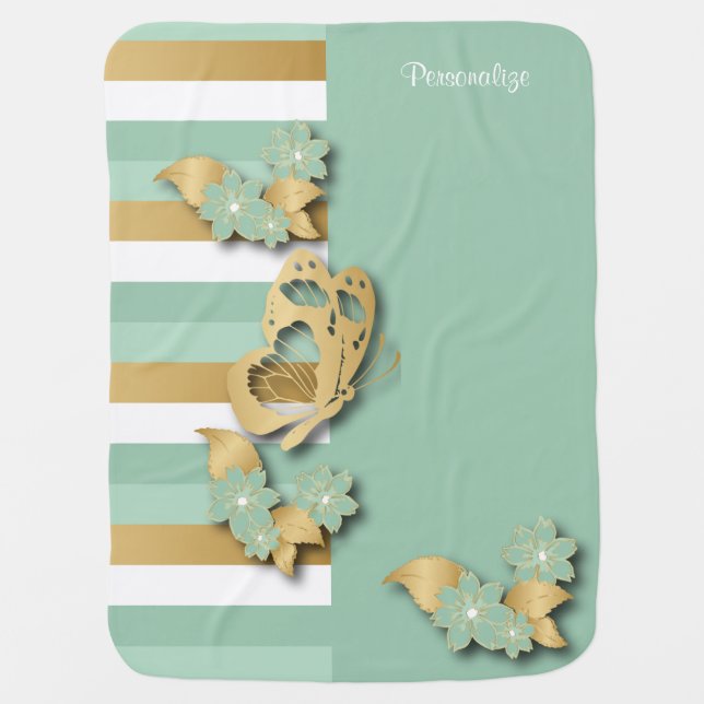 Mint Green & Gold Stripes with Butterfly for Baby Baby Blanket (Front)
