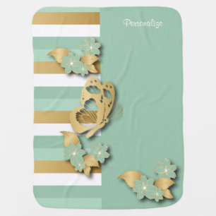 Mint Green & Gold Stripes with Butterfly for Baby Blanket