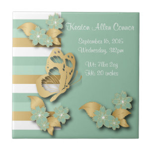 Mint Green & Gold Stripes with Butterfly for Baby Ceramic Tile