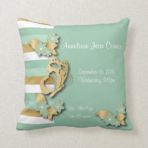 Mint Green & Gold Stripes with Butterfly for Baby Throw Pillow