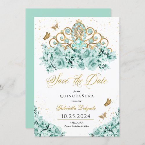 Mint Green  Gold Tiara Save The Date Quinceaera Invitation