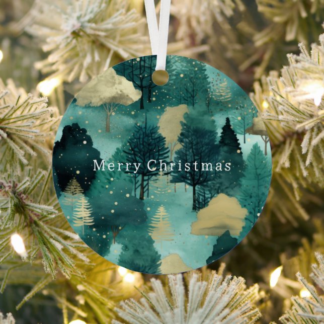 Mint Green Gold Trees Christmas Metal Ornament (Insitu)
