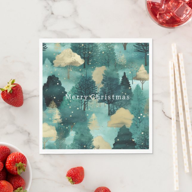 Mint Green Gold Trees Christmas Napkins (Insitu)