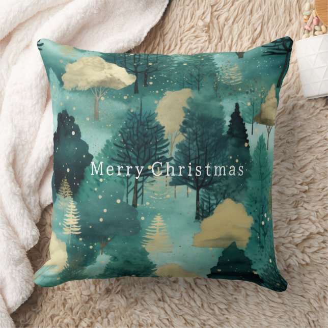 Mint Green Gold Trees Christmas Throw Pillow (Blanket)