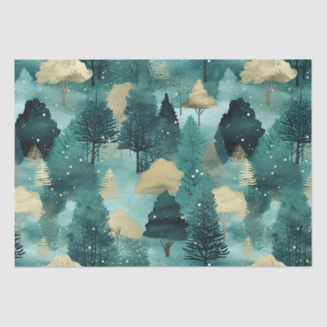 Mint Green Gold Trees Christmas Tissue Paper (Front)