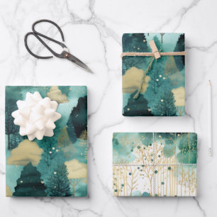 Mint Green Gold Trees Christmas Wrapping Paper Sheets