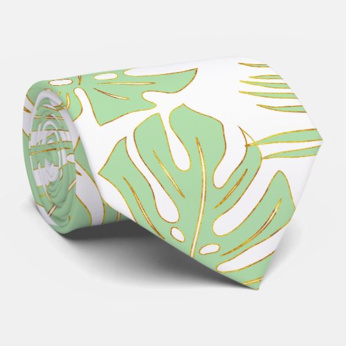Mint green gold tropical monstera and palm leaves neck tie