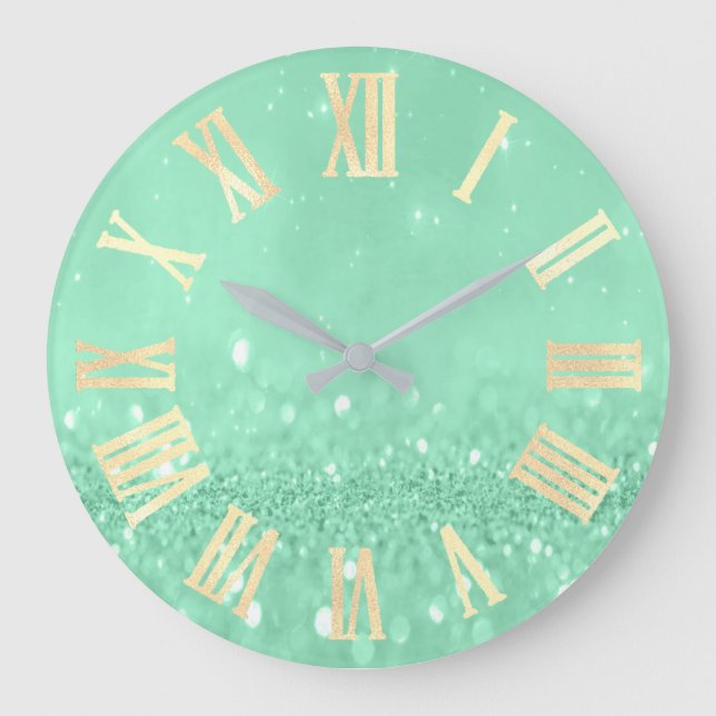Mint Green Gold Unicorn Glitter Gray Roman Numbers Large Clock (Front)