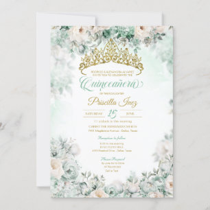 Mint Green & Gold Watercolor Floral Quinceañera Invitation