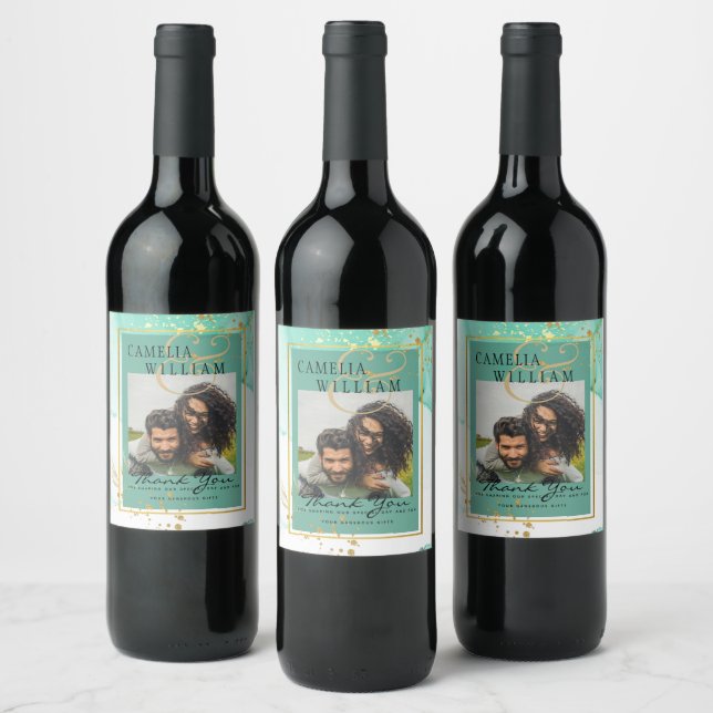 Mint Green Gold WEDDING Alcohol Ink Abstract Wine Label (Bottles)