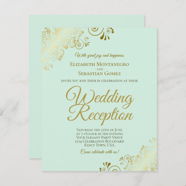 Mint Green & Gold Wedding Reception BUDGET Invite (Front/Back)