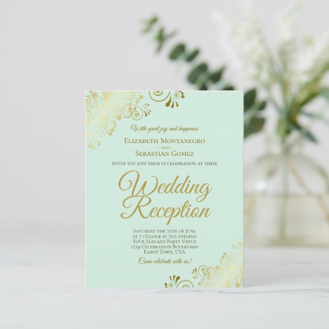 Mint Green & Gold Wedding Reception BUDGET Invite (Standing Front)