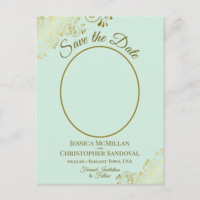 Mint Green & Gold Wedding Save the Date Oval Photo Announcement Postcard (Front)
