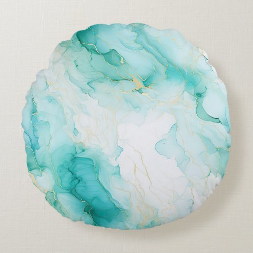 Mint Green Gold White Marble Round Pillow