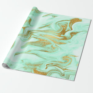 Mint Green Gold White Marble Shiny Glam Wrapping Paper