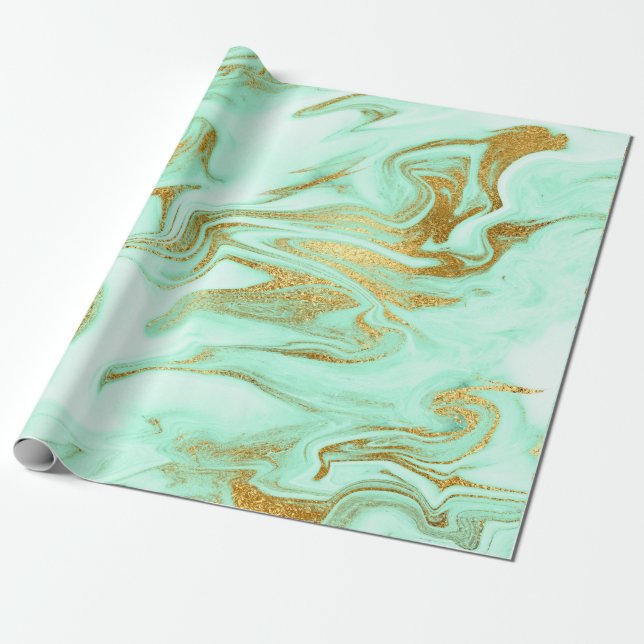 Mint Green Gold White Marble Shiny Glam Wrapping Paper (Unrolled)